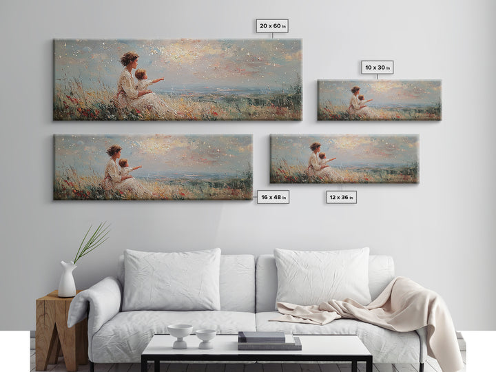 Mother And Child Pointing At Sunlit Sky Framed Canvas Print, Wildflower Meadow Landscape, Nursery Wall Art, Gift For Her