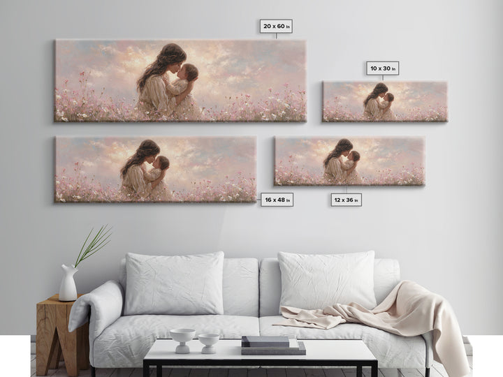 Tender Mother And Baby Kiss Canvas Print, Soft Pink Wildflower Meadow Painting, Nursery Wall Art, Feminine Home Decor, Gift For Mom