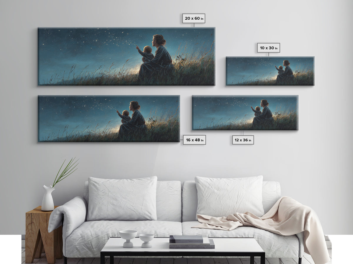 Mother And Child Stargazing Canvas Print, Blue Night Meadow Wall Art, Celestial Nursery Decor, Above Bed Art, Gift For Mom