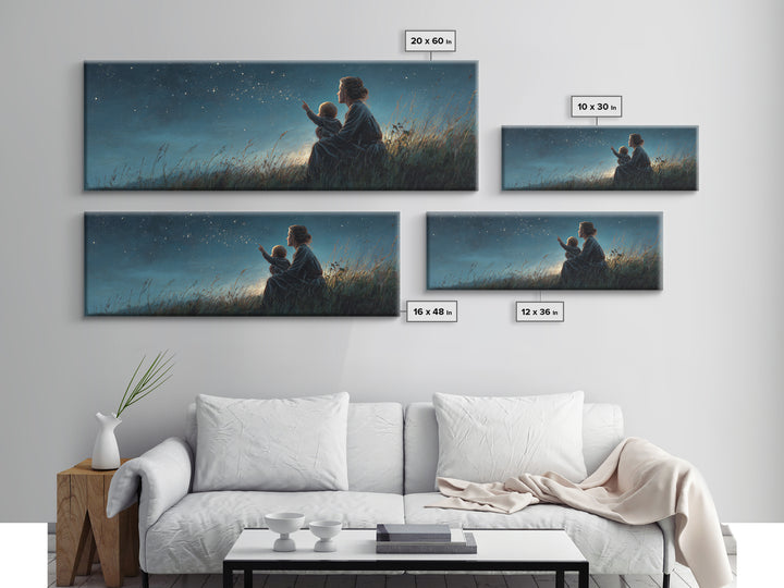 Mother And Child Stargazing Canvas Print, Blue Night Meadow Wall Art, Celestial Nursery Decor, Above Bed Art, Gift For Mom