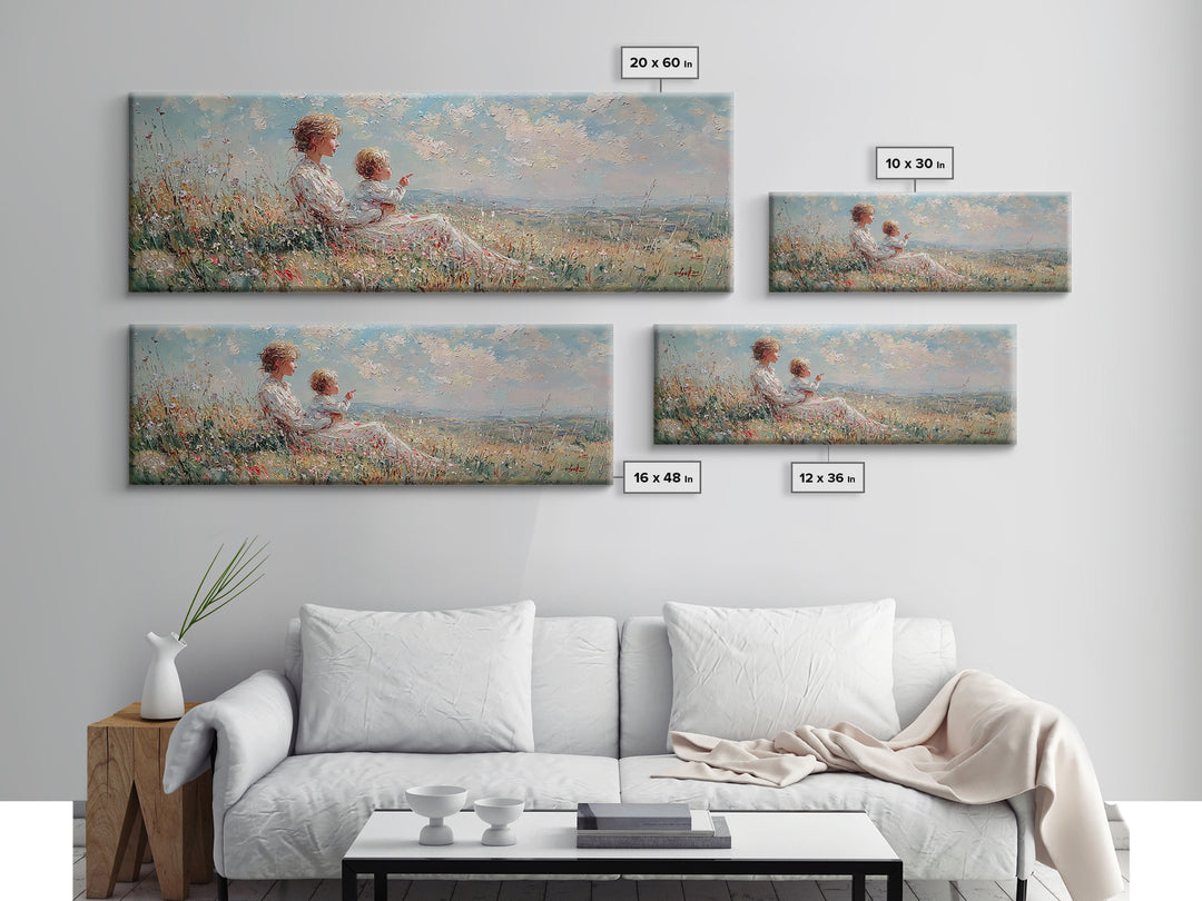 Mother And Child On Sunny Hill Framed Canvas Print, Impressionist Wildflower Landscape, Panoramic Wall Art, Nursery Decor