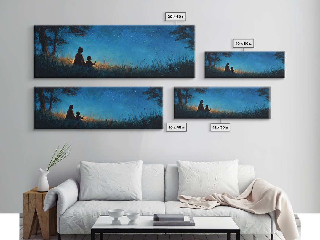 Silhouette Mother And Child Under Stars Wall Art, Moody Blue Night Landscape, Celestial Nursery Decor, Rustic Home Decor