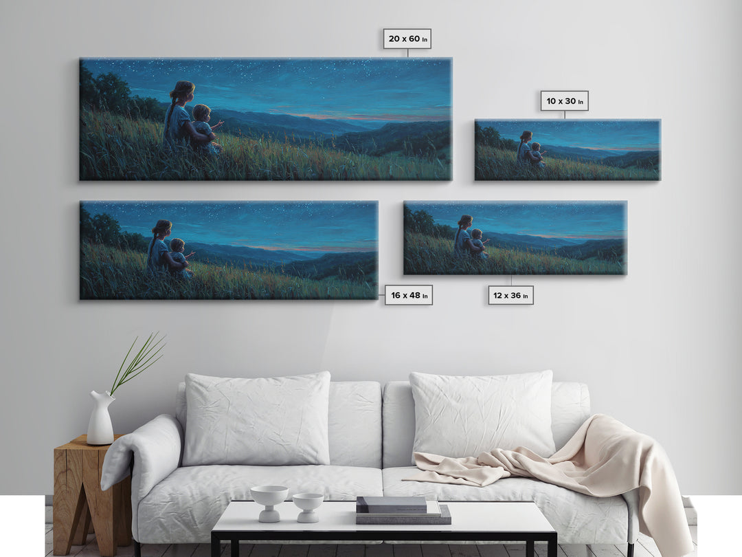 Mother And Child Over Moonlit Valley Canvas Print, Starry Blue Mountain Landscape Wall Art, Above Bed Decor, Gift For Her