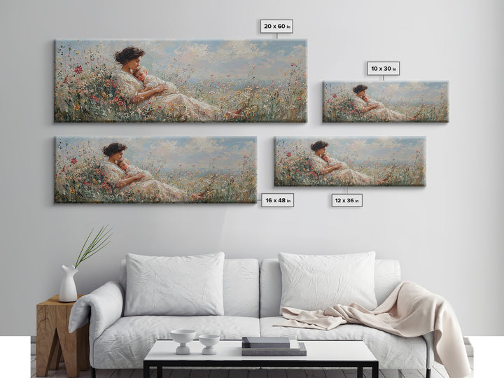 Mother And Baby In Wildflower Meadow Wall Art, Impressionist Nursery Decor, Floral Canvas Art, Gift For Mom, Bedroom Decor