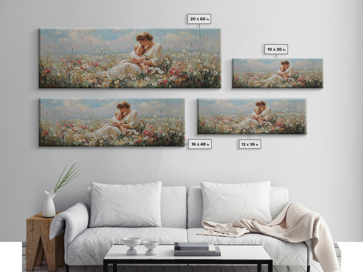 Mother And Child In Sunlit Flower Field Framed Canvas Print, Impressionist Nursery Wall Decor, Floral Art, Gift For Mom