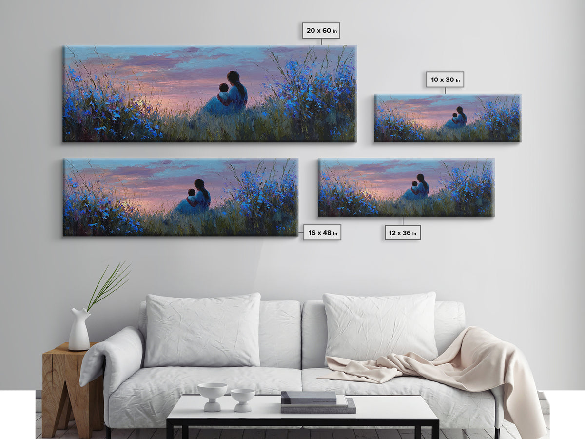 Mother And Child Silhouette At Sunset Canvas Print, Blue Meadow Wall Decor, Calming Nursery Art, Romantic Bedroom Wall Art