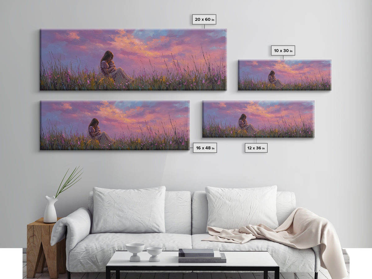 Expectant Mother In Twilight Wildflower Meadow Wall Art, Pink Sunset Canvas Print, Feminine Nursery Decor, Gift For New Mom