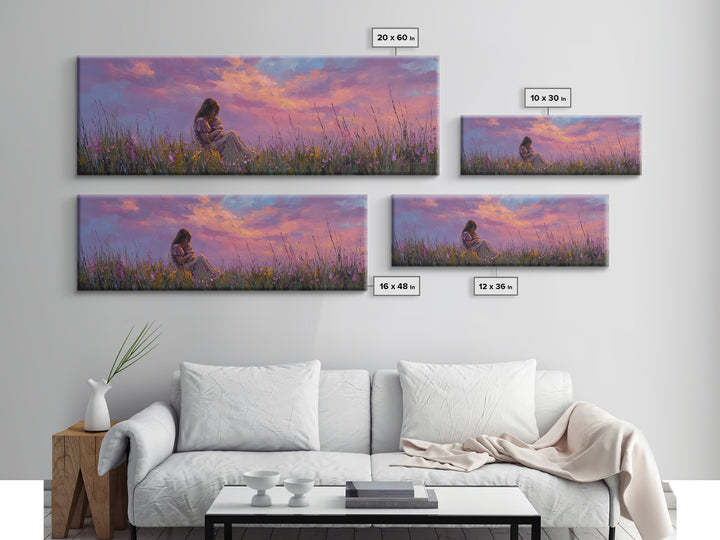 Expectant Mother In Twilight Wildflower Meadow Wall Art, Pink Sunset Canvas Print, Feminine Nursery Decor, Gift For New Mom