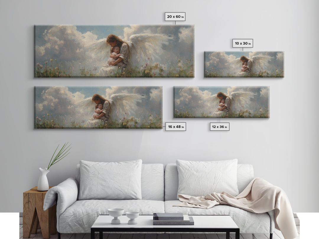 Angel Mother Cradling Baby In Cloudy Meadow Framed Canvas Print, Spiritual Nursery Wall Decor, Ethereal Art, Gift For Mom