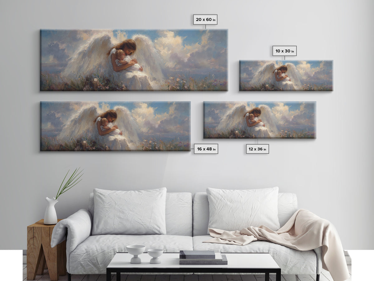 Guardian Angel Mother Kissing Baby In Wildflower Meadow Canvas Print, Spiritual Wall Art, Nursery Decor, Angel Gift For Mom