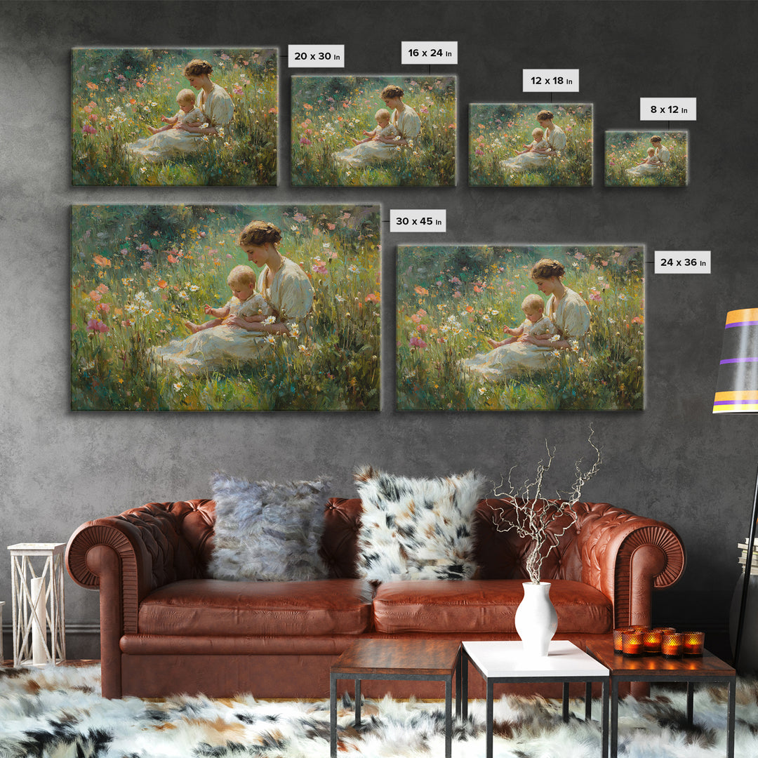 Mother And Baby In Sunlit Wildflower Meadow Canvas Print, Impressionist Floral Wall Art, Nursery Decor And Gift For New Mom