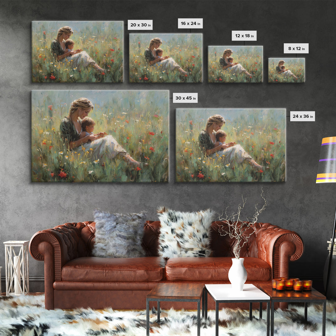 Mother Nursing Baby In Poppy Meadow Wall Art, Soft Impressionist Oil Painting Print, Feminine Nursery Decor Gift For Her