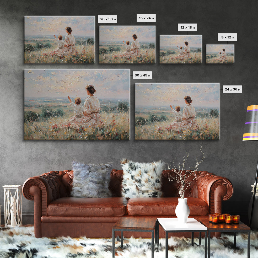 Mother And Child Watching Horizon Canvas Print, Impressionist Meadow Wall Art, Calming Landscape Decor Above Sofa Gift For Her
