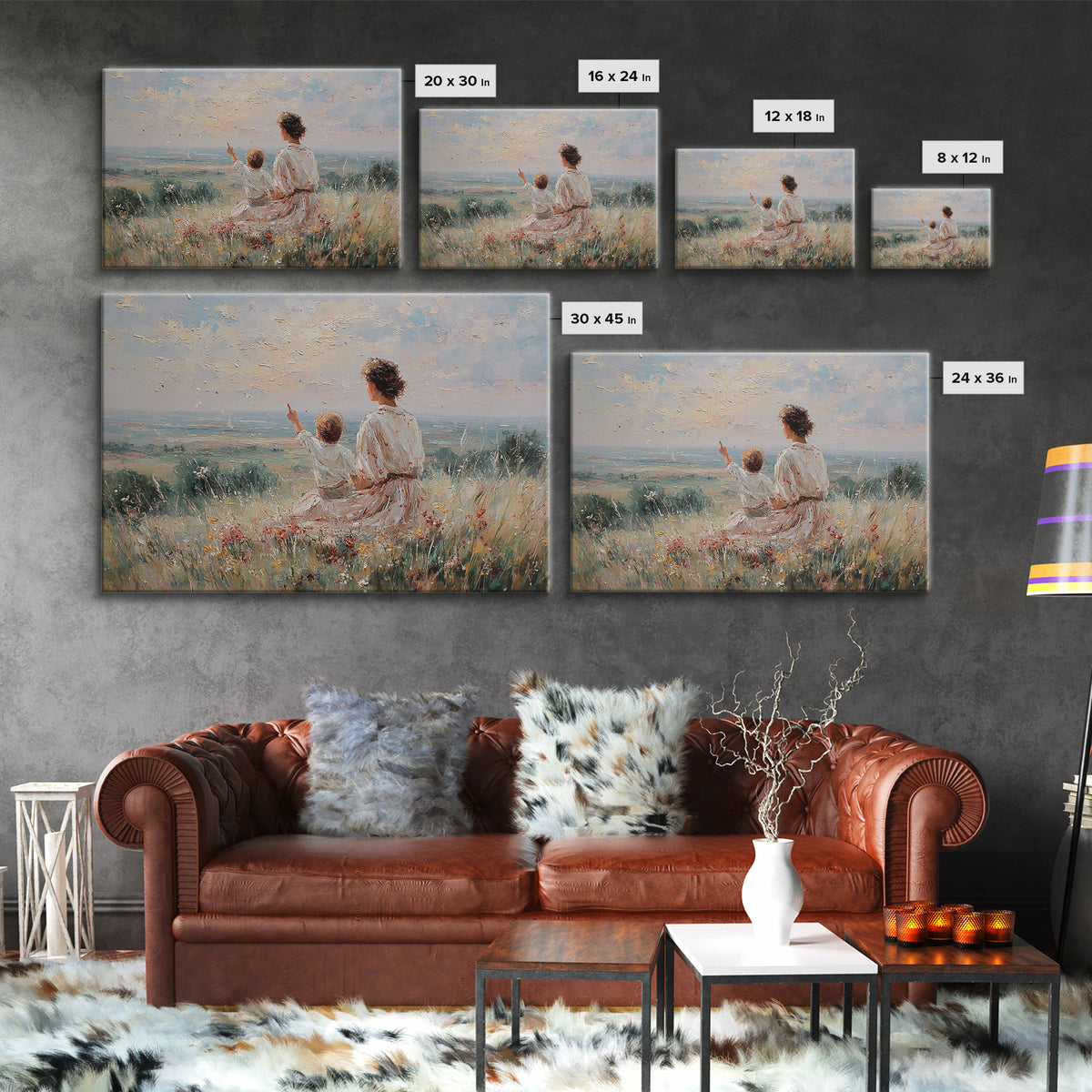 Mother And Child Watching Horizon Canvas Print, Impressionist Meadow Wall Art, Calming Landscape Decor Above Sofa Gift For Her