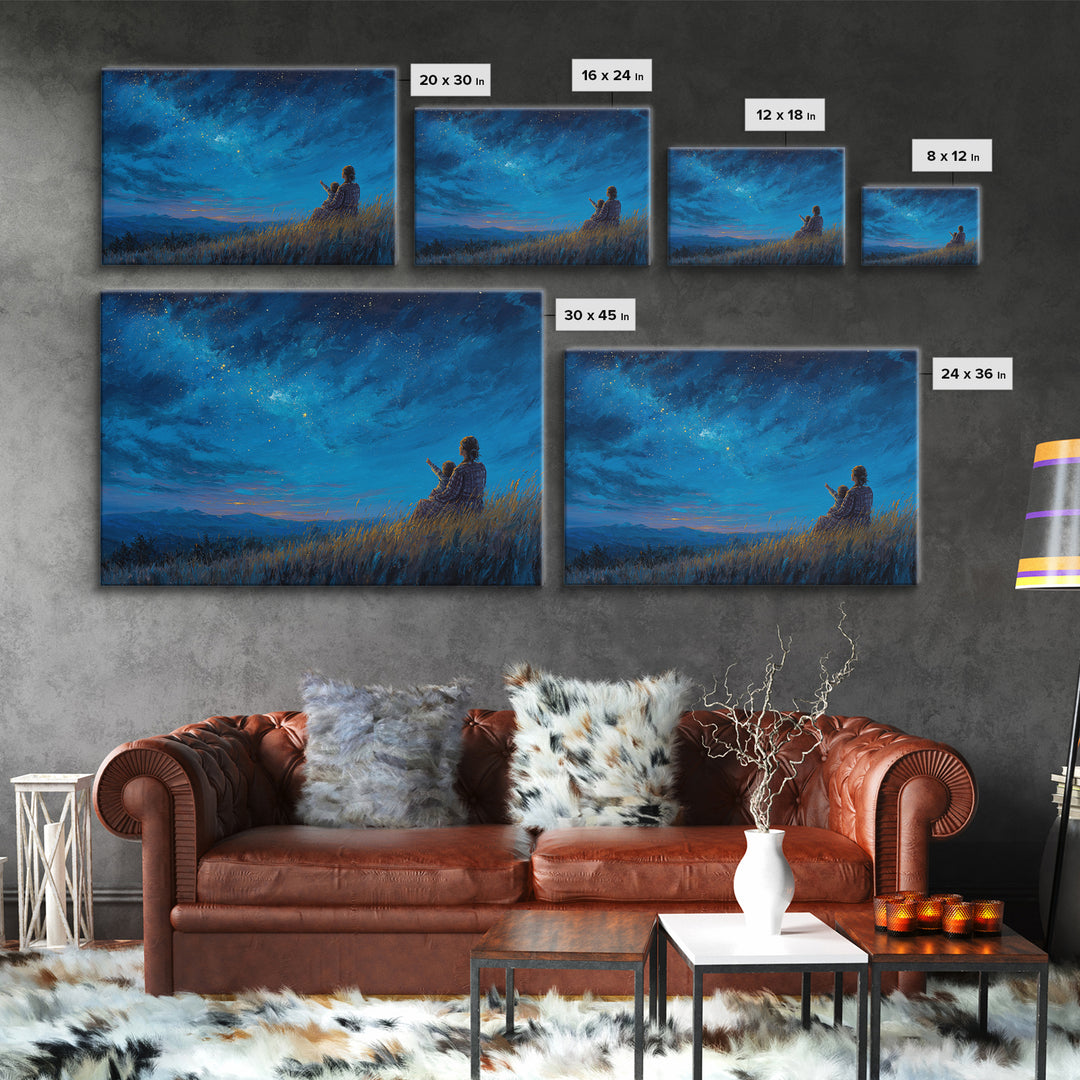 Mother And Child Under Starry Sky Wall Art, Celestial Night Landscape Canvas Print, Blue Bedroom Wall Decor Gift For Her