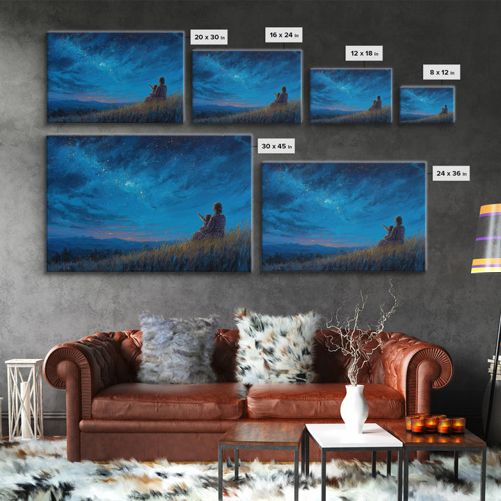 Mother And Child Under Starry Sky Wall Art, Celestial Night Landscape Canvas Print, Blue Bedroom Wall Decor Gift For Her