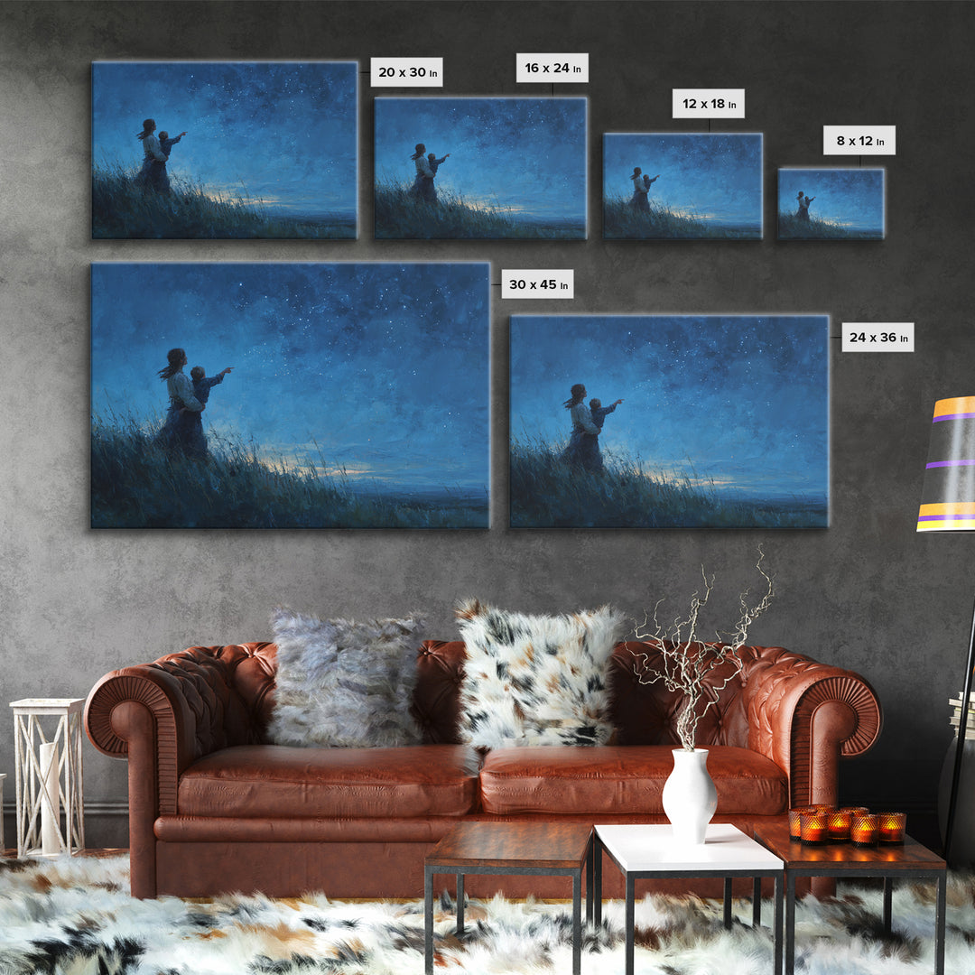 Mother And Child Pointing At Stars Canvas Print, Moody Celestial Wall Art, Blue Night Sky Bedroom Nursery Decor Gift For Her