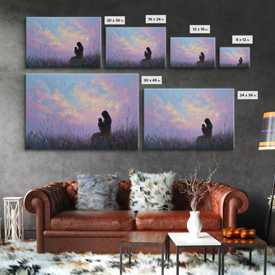 Silhouette Mother And Baby Sunset Canvas Print, Romantic Bedroom Wall Art, Pastel Sky Decor, Gift For Mom, Spiritual Home Decor