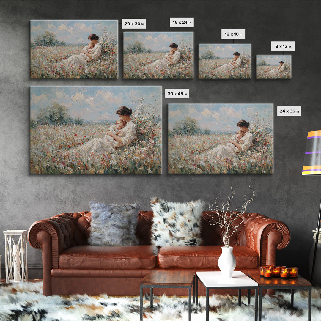 Mother Cradling Baby In Summer Meadow Canvas Print, Floral Wall Art, Impressionist Painting, Nursery Decor, Gift For Mom