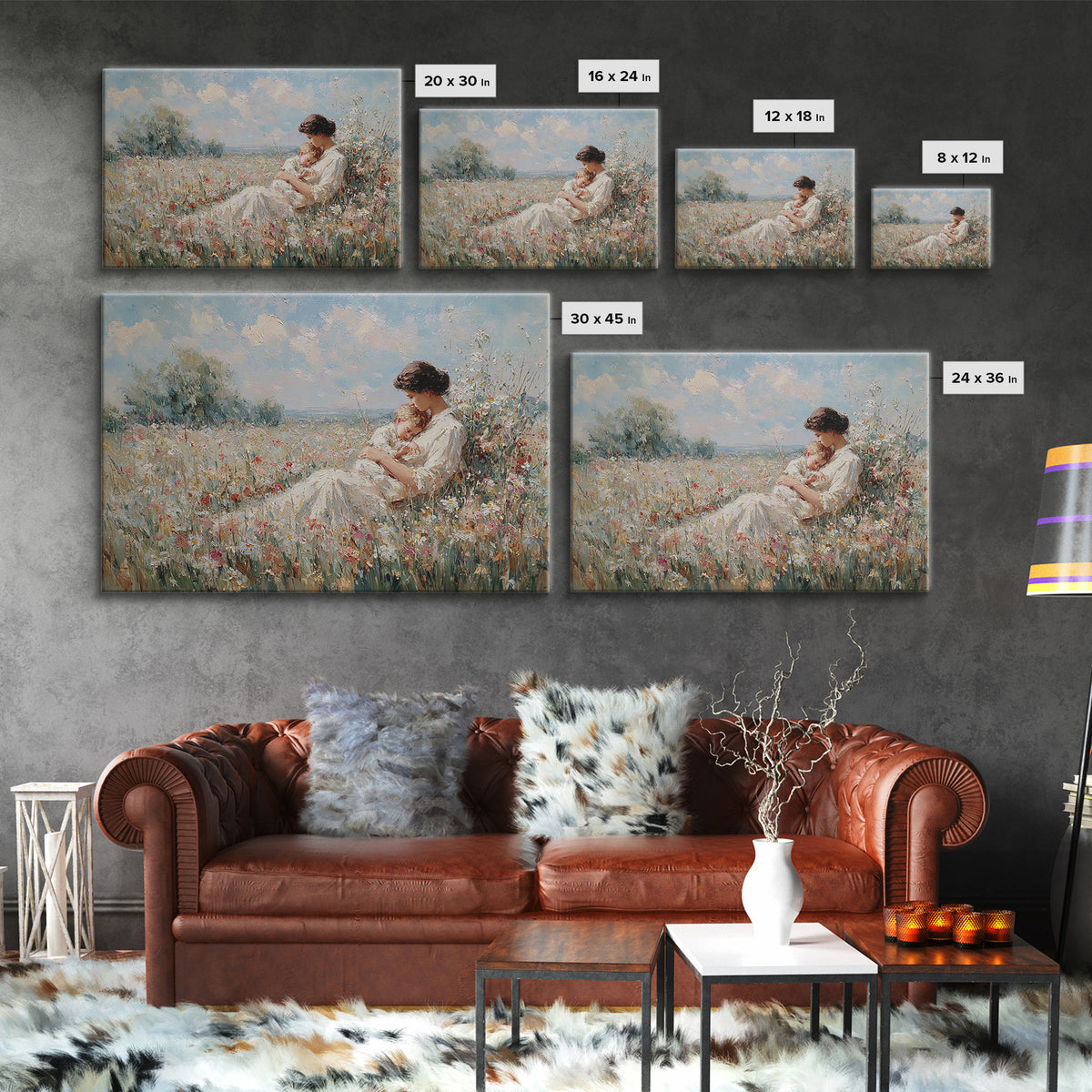 Mother Cradling Baby In Summer Meadow Canvas Print, Floral Wall Art, Impressionist Painting, Nursery Decor, Gift For Mom