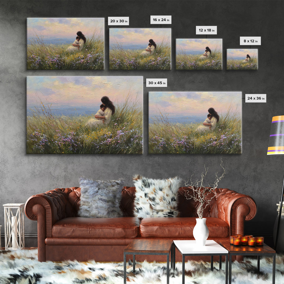 Mother And Baby By Ocean Sunset Canvas Print, Coastal Wall Art, Seascape Decor, Nursery Wall Art, Gift For Mom, Beach House