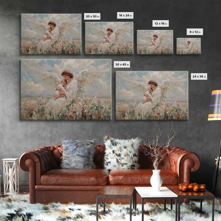 Angel Mother And Baby In Wildflower Meadow Canvas Print, Christian Wall Art, Nursery Decor, Spiritual Gift, Baby Shower Gift