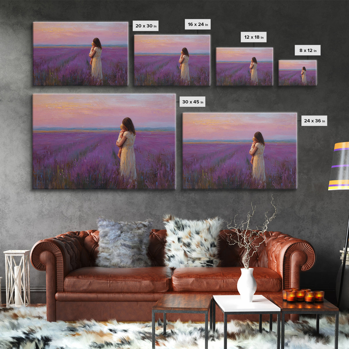 Mother And Baby In Lavender Field Sunset Wall Art, Purple Landscape Print, Romantic Nursery Decor, Gift For Her, Calming Bedroom Decor