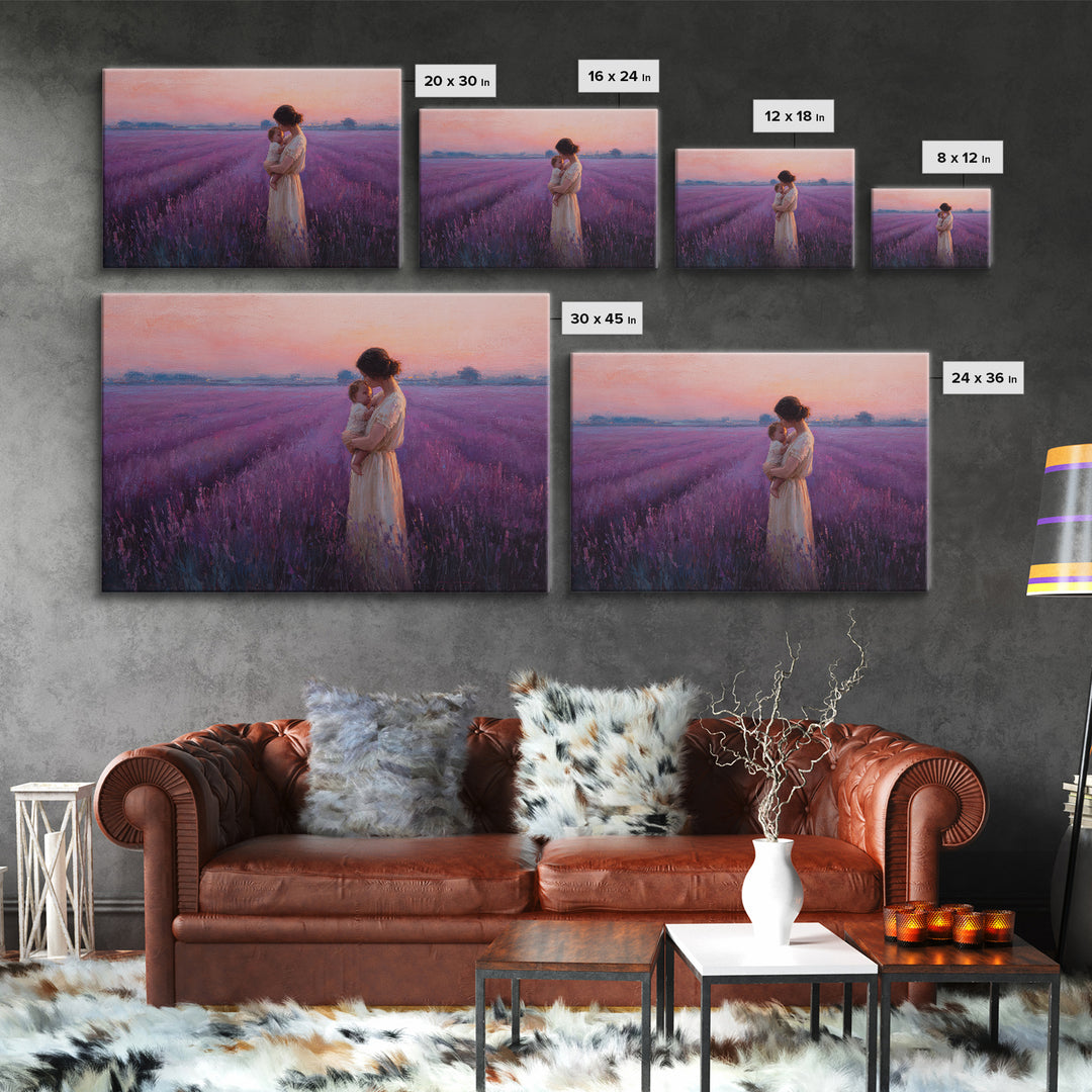 Mother And Baby Embrace In Lavender Sunset Field Framed Canvas Print, Purple Wall Art, Feminine Nursery Decor Gift For Mom