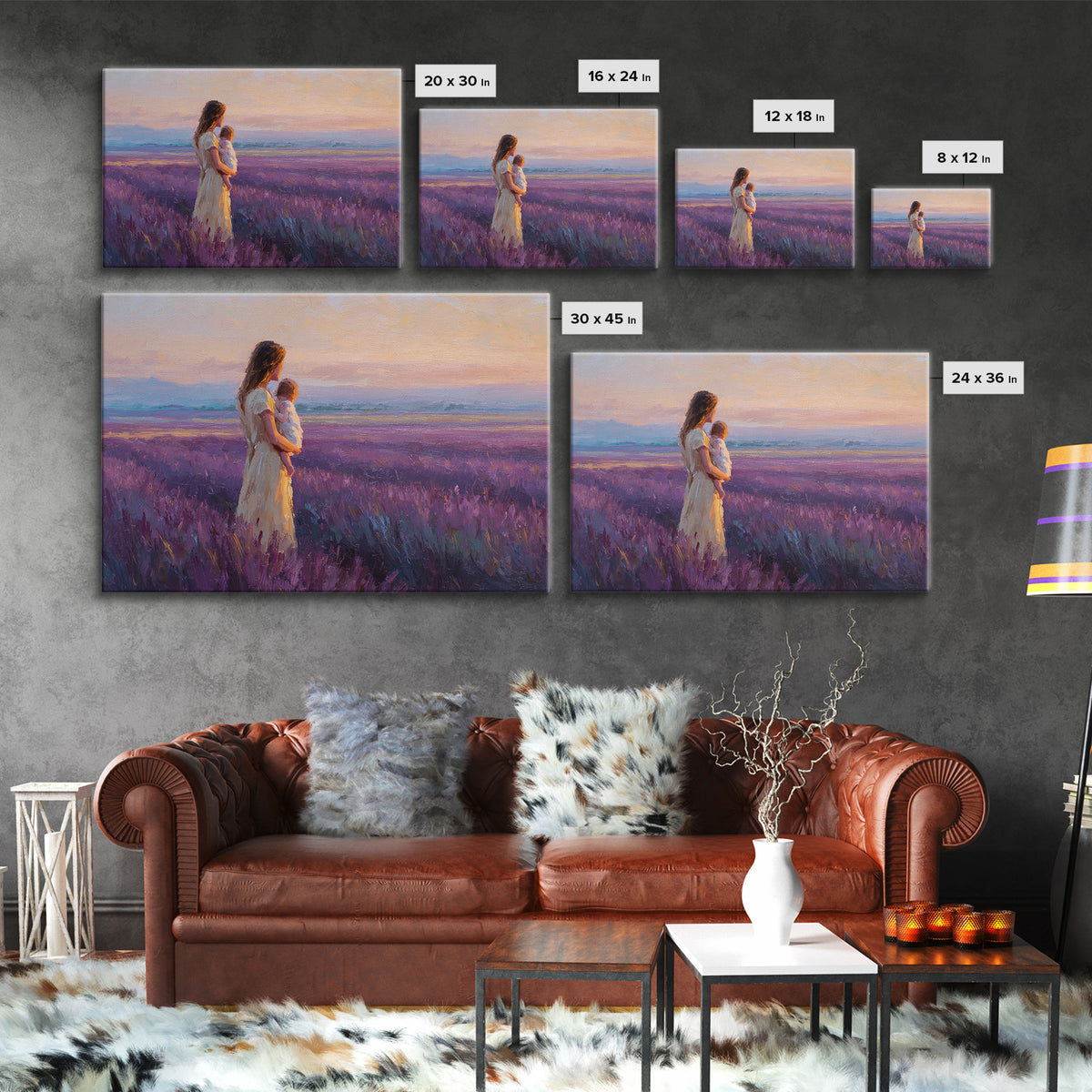 Mother And Child In Lavender Meadow Sunrise Canvas Print, Romantic Landscape Wall Art, Purple Bedroom Decor, Gift For Her
