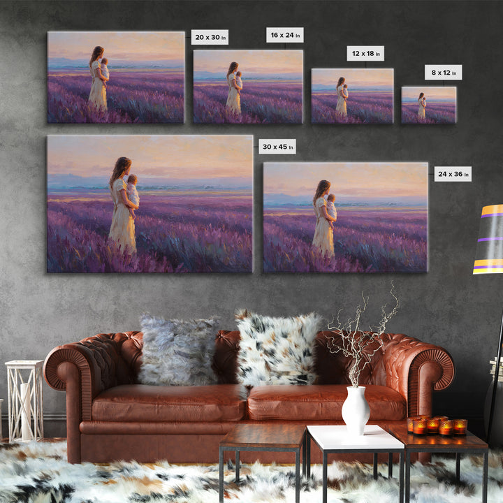 Mother And Child In Lavender Meadow Sunrise Canvas Print, Romantic Landscape Wall Art, Purple Bedroom Decor, Gift For Her