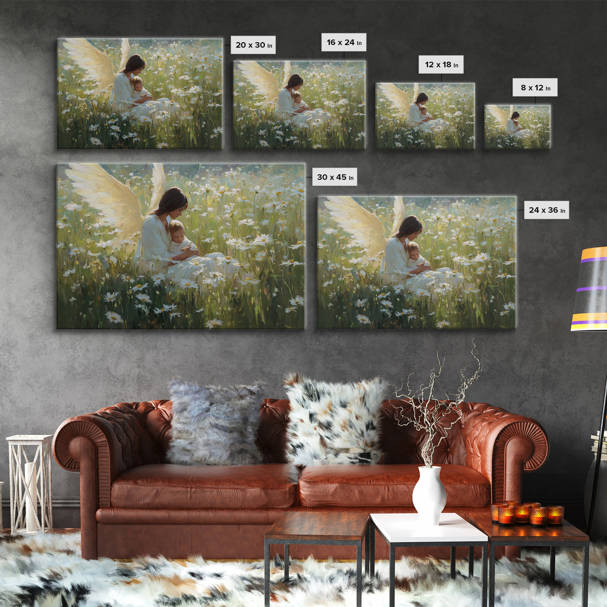 Guardian Angel Mother And Baby In Daisy Meadow Wall Art, Christian Nursery Decor, Spiritual Gift, Peaceful Floral Fine Art Print