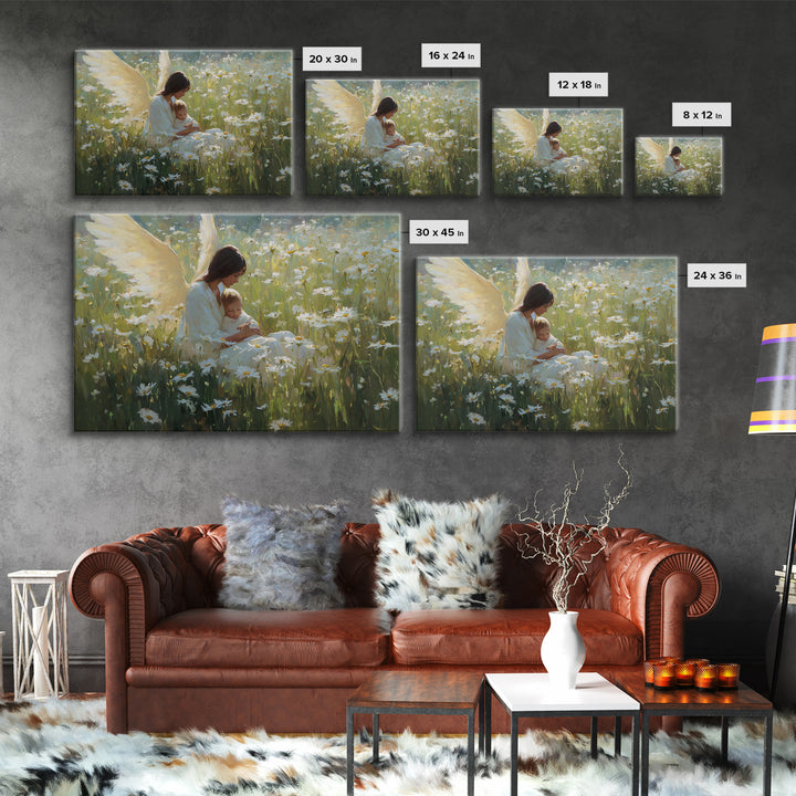 Guardian Angel Mother And Baby In Daisy Meadow Wall Art, Christian Nursery Decor, Spiritual Gift, Peaceful Floral Fine Art Print