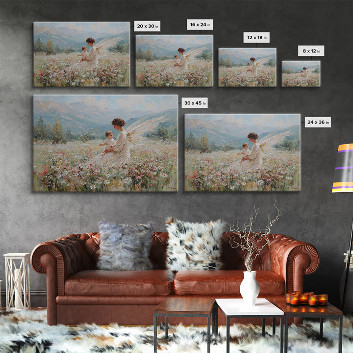 Guardian Angel And Child In Alpine Wildflower Meadow Framed Canvas Print, Christian Wall Art, Mountain Nursery Decor Gift