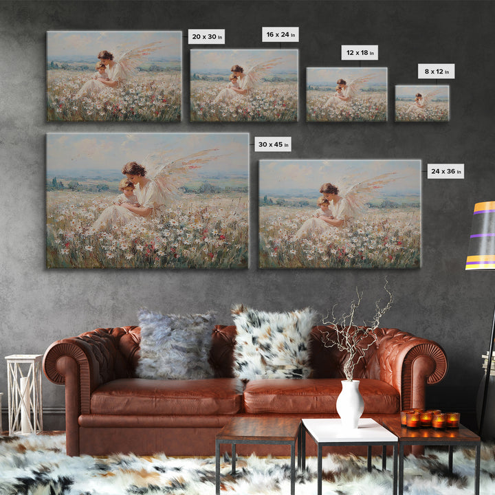 Angel Mother And Child In Wildflower Meadow Wall Art, Serene Religious Nursery Decor, Christian Gift, Fine Art Print, Home Decor