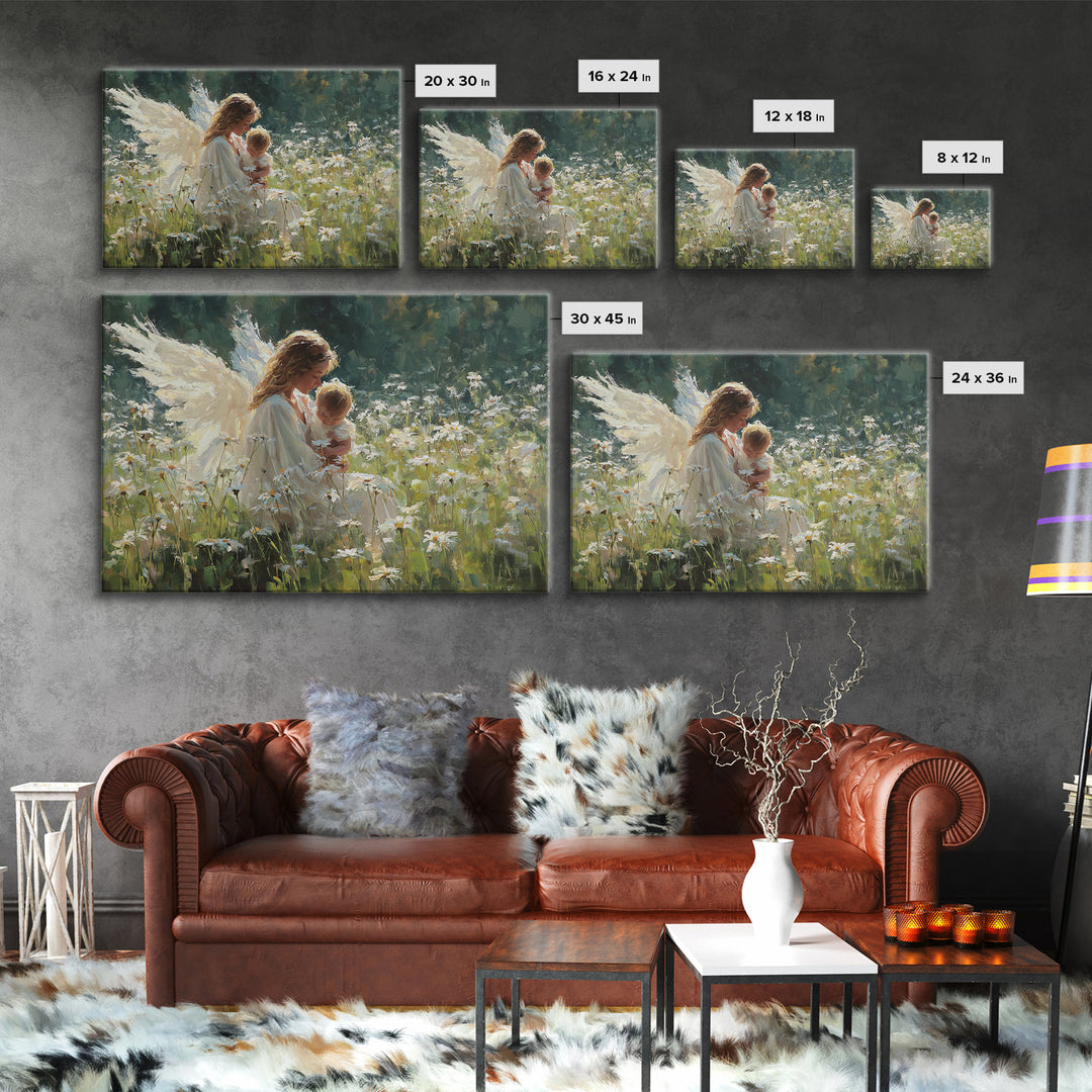 Guardian Angel Cradling Baby In Daisy Meadow Framed Canvas Print, Christian Nursery Wall Decor, Baptism Gift, Home Decor