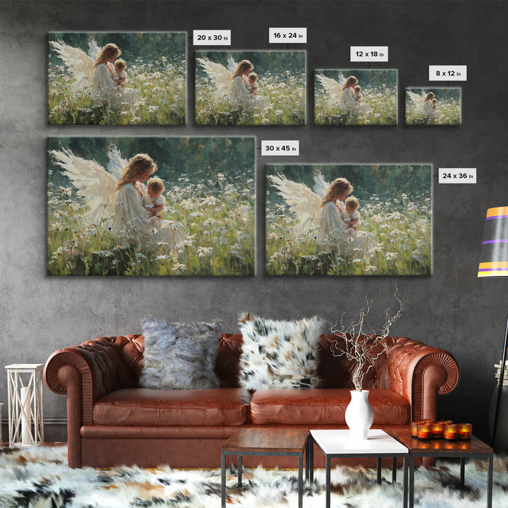 Guardian Angel Cradling Baby In Daisy Meadow Framed Canvas Print, Christian Nursery Wall Decor, Baptism Gift, Home Decor