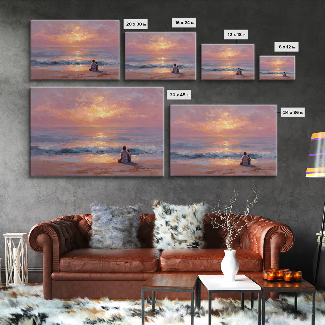 Parent And Child Watching Ocean Sunset Wall Art, Coastal Beach Canvas Print, Seascape Living Room Decor, Housewarming Gift