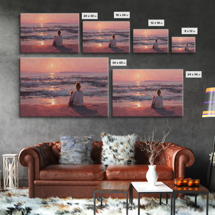 Mother And Child At Pink Ocean Sunset Wall Art, Coastal Beach House Decor, Serene Seascape Print, Gift For Mom, Living Room Decor