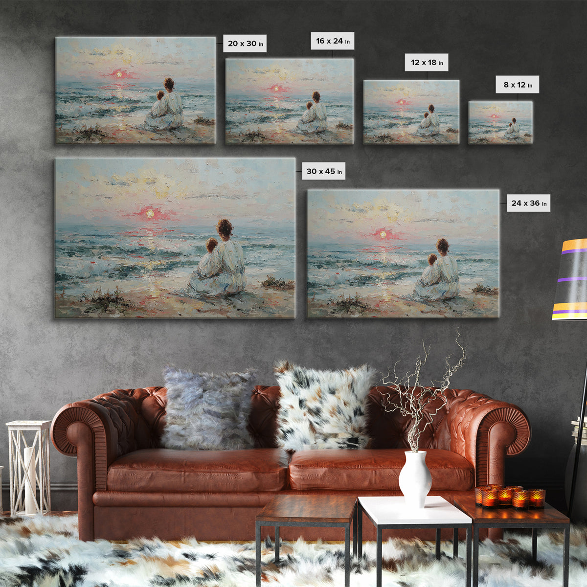 Mother And Child Watching Soft Seaside Sunset Canvas Print, Coastal Wall Art, Ocean Decor, Gift For Mom, Living Room Art