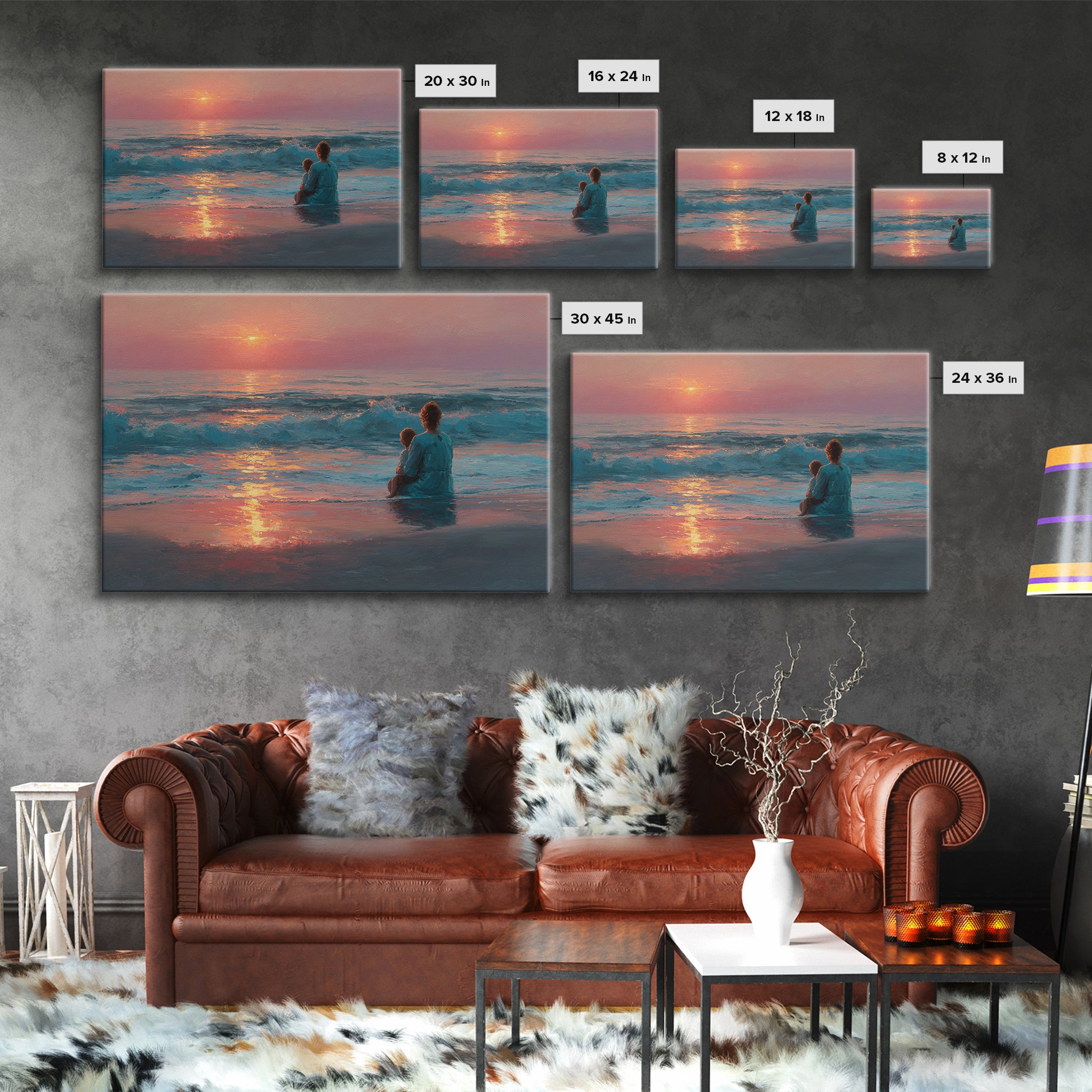 Mother And Child In Rose Gold Ocean Waves Wall Art, Coastal Canvas