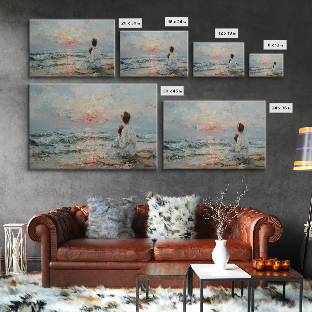 Impasto Mother And Child At Gentle Ocean Sunrise Framed Canvas Print, Coastal Wall Art, Beach Decor, Gift For Mom, Serene Home Decor