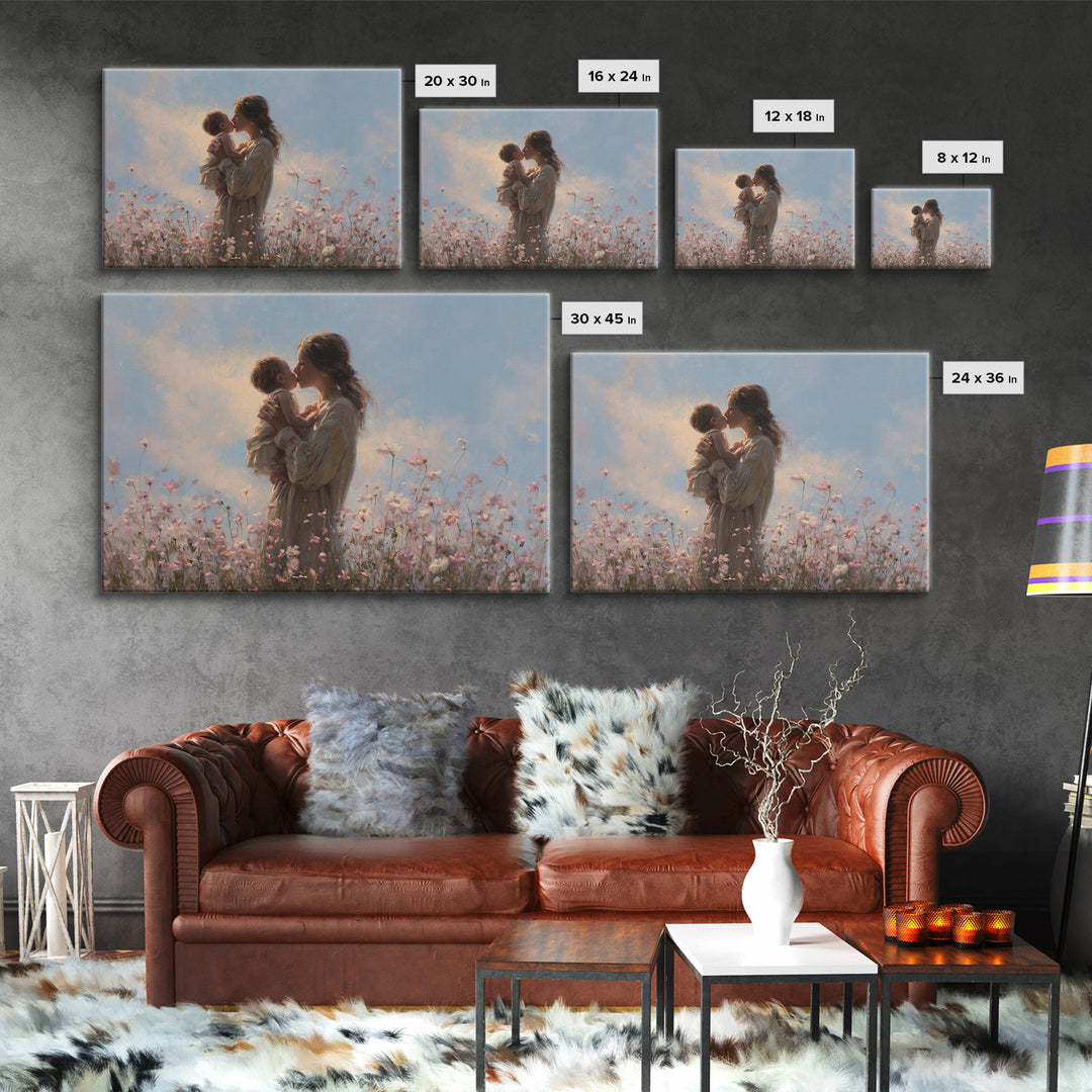 Mother Kissing Baby In Wildflower Meadow Wall Art, Feminine Floral Canvas Print, Nursery Decor, Gift For Mom, Baby Shower Gift