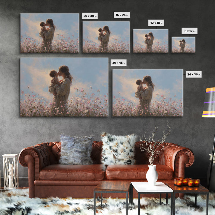 Mother Kissing Baby In Wildflower Meadow Wall Art, Feminine Floral Canvas Print, Nursery Decor, Gift For Mom, Baby Shower Gift