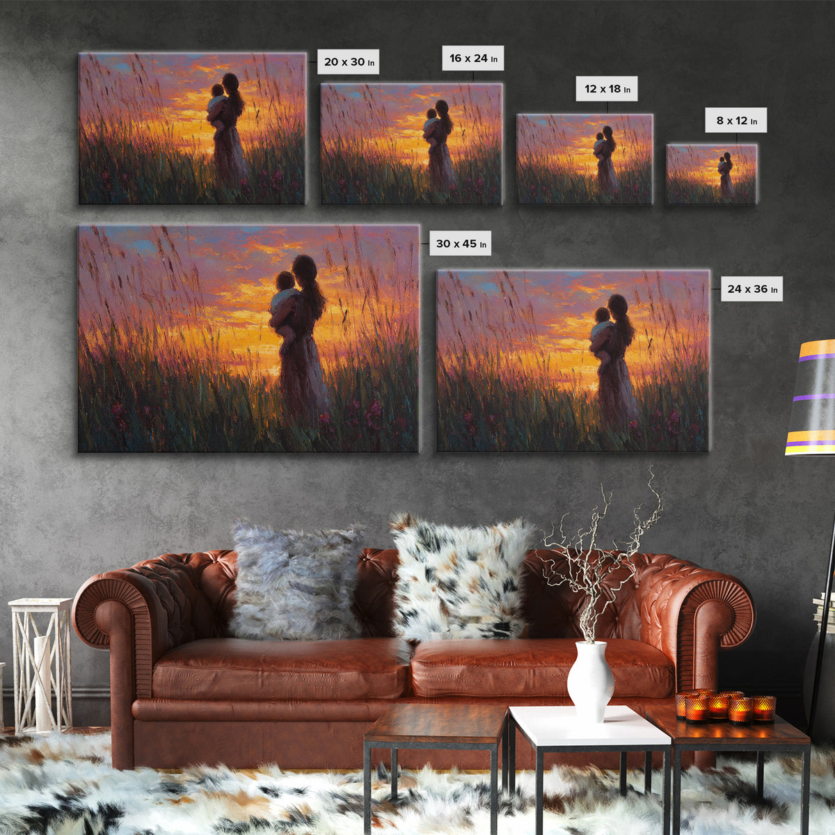 Mother And Baby Silhouette In Tall Grass Sunset Wall Art, Warm Meadow Canvas Print, Boho Nursery Decor, Gift For Mom, Bedroom Wall Art