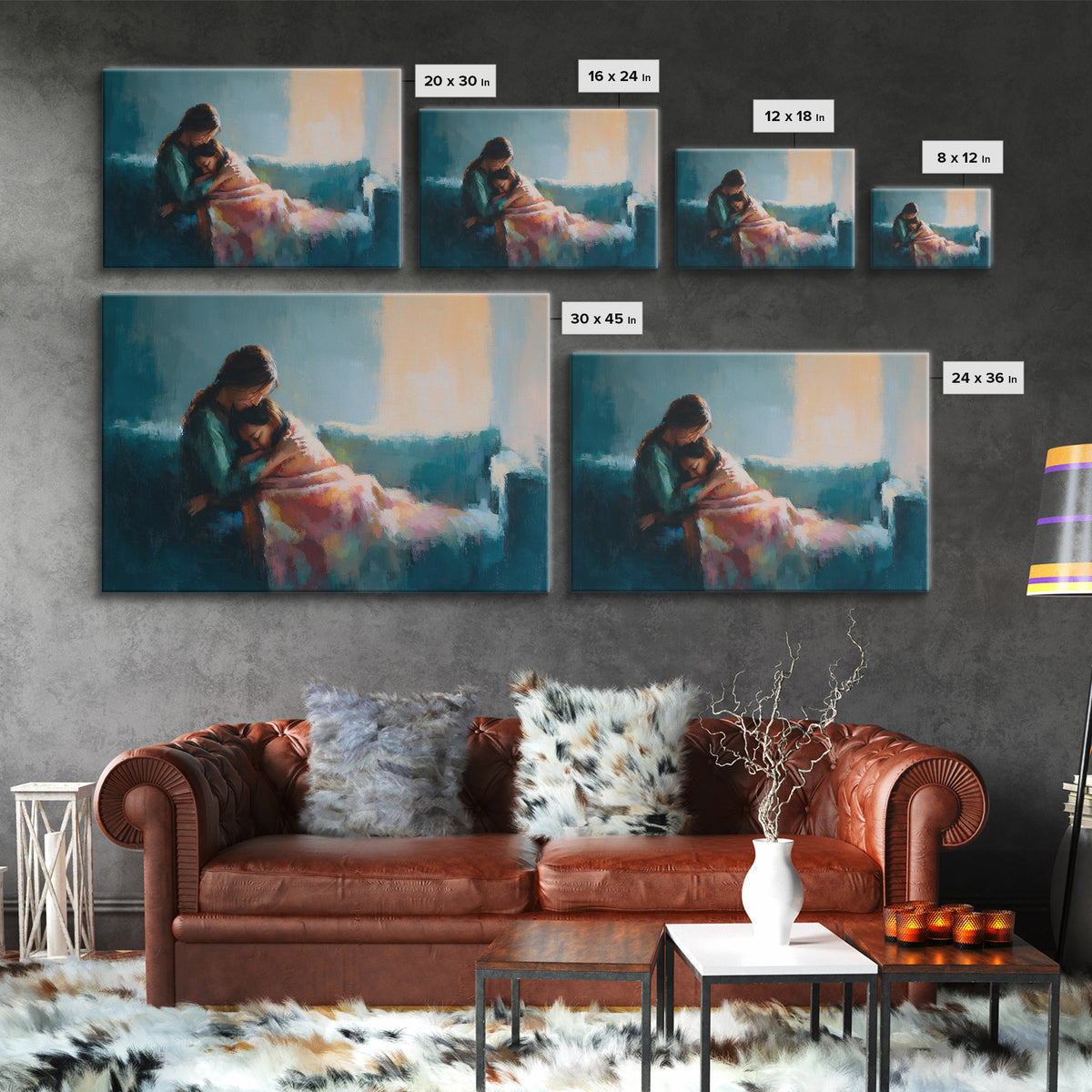 Mother Comforting Child In Blue Room Canvas Print, Modern Family Wall Decor, Emotional Portrait Art, Gift For Mom, Home Decor