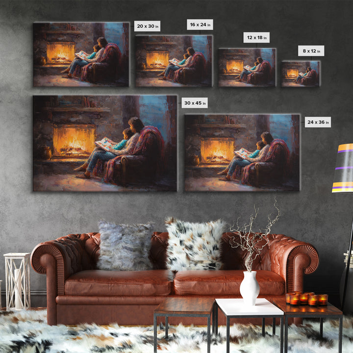 Mother And Child Reading By Glowing Fireplace Canvas Print, Cozy Family Wall Art, Dark Academia Decor, Gift For Mom, Living Room Decor
