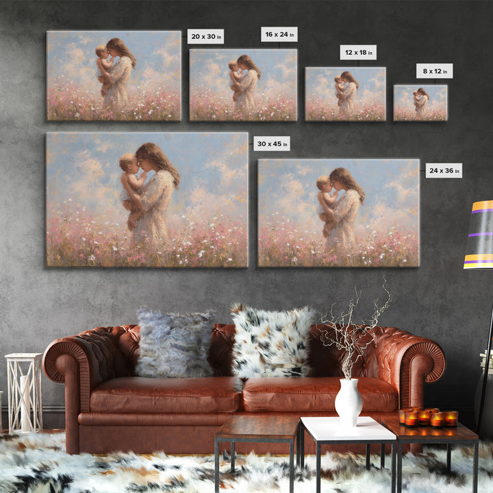 Mother Holding Baby In Wildflower Meadow Wall Art, Soft Impressionist Floral Print, Nursery Decor, Gift For Mom, Baby Gift
