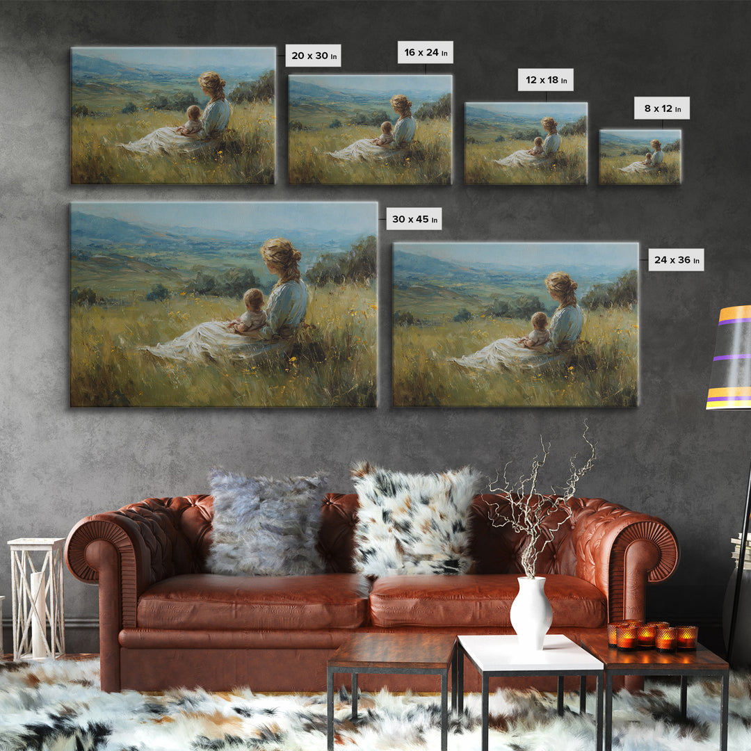 Mother And Baby In Wildflower Meadow Wall Art, Impressionist Landscape Painting, Feminine Nursery Decor, Gift For Mom, Living Room Decor