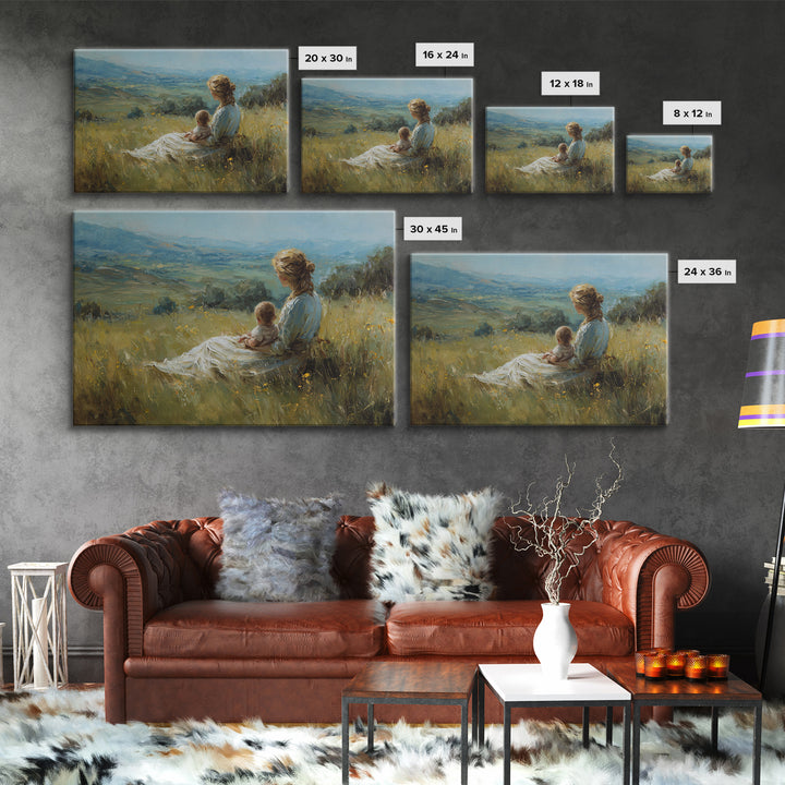 Mother And Baby In Wildflower Meadow Wall Art, Impressionist Landscape Painting, Feminine Nursery Decor, Gift For Mom, Living Room Decor