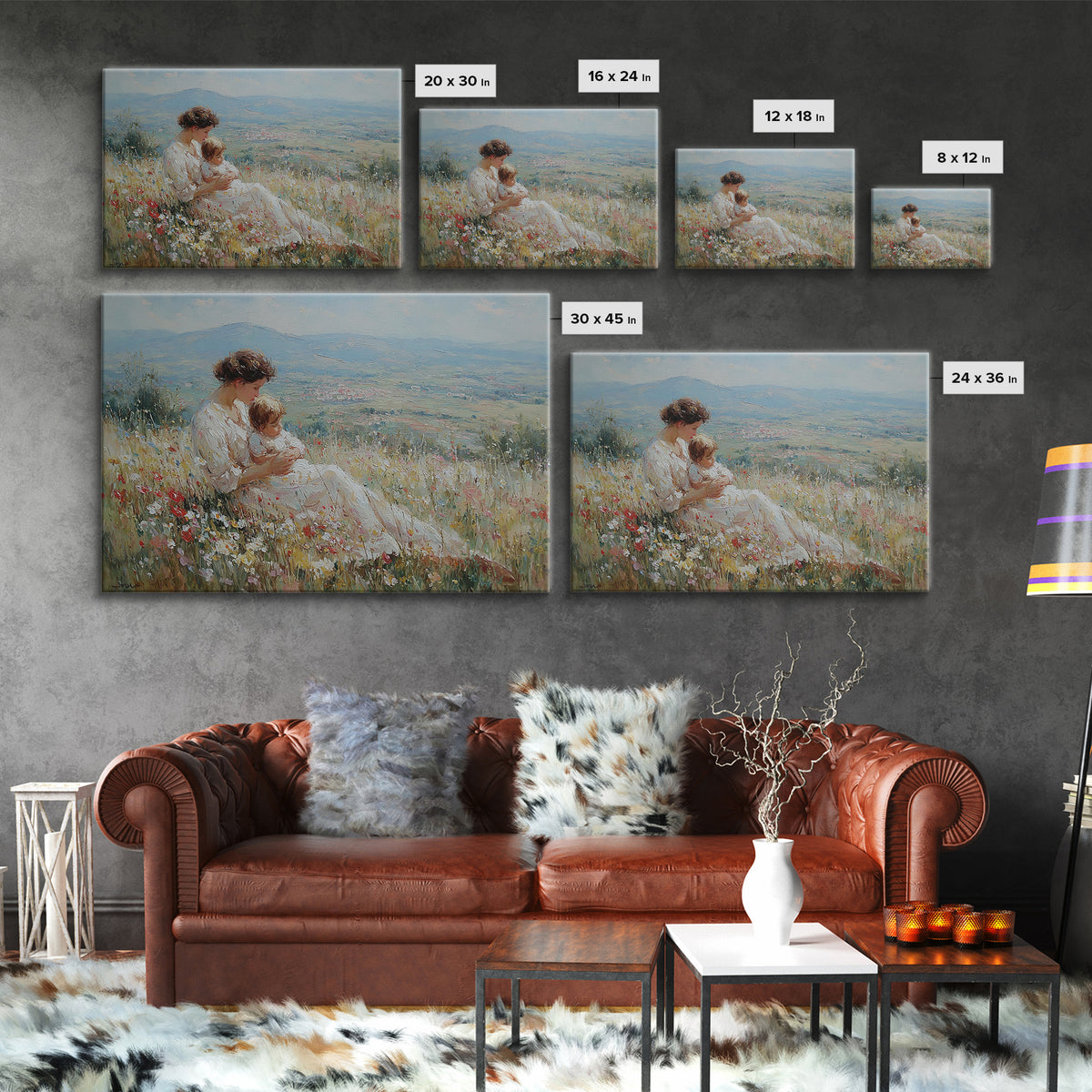 Seated Mother Nursing Baby In Flower Field Framed Canvas Print, Impressionist Landscape Art, Feminine Bedroom Decor, Gift For Her